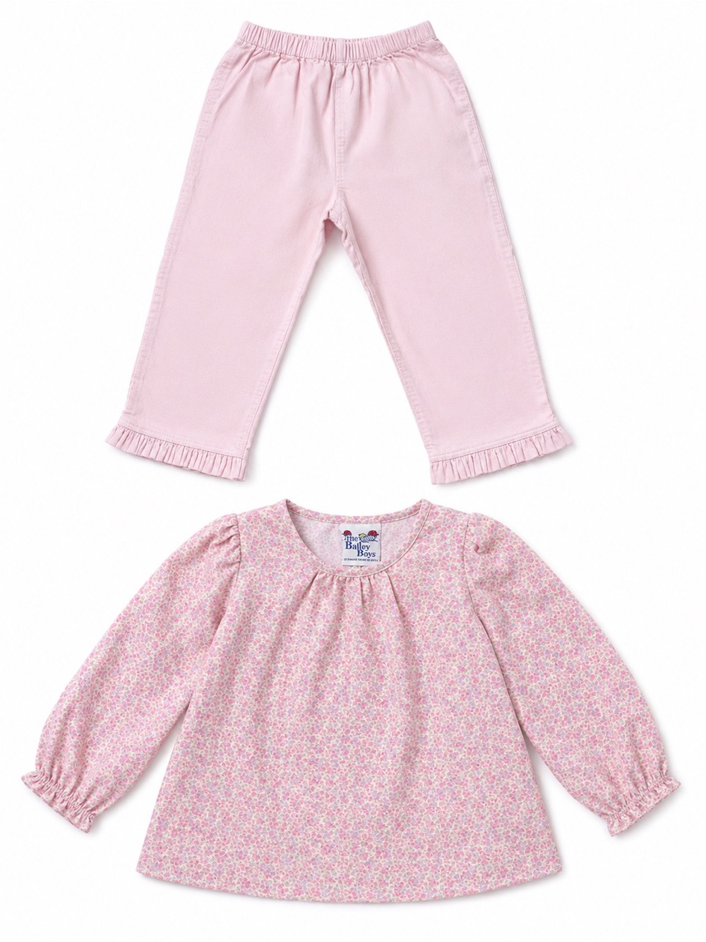 Pink Floral Ruffle Top and Light Pink Corduroy Pants Matching Set for Girls
